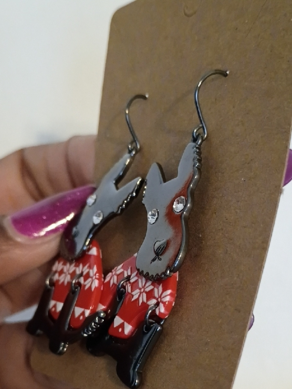 Scottie Dog Dangle Earrings Red Plaid Rhinestone Novelty Jewelry - Picture 5 of 6